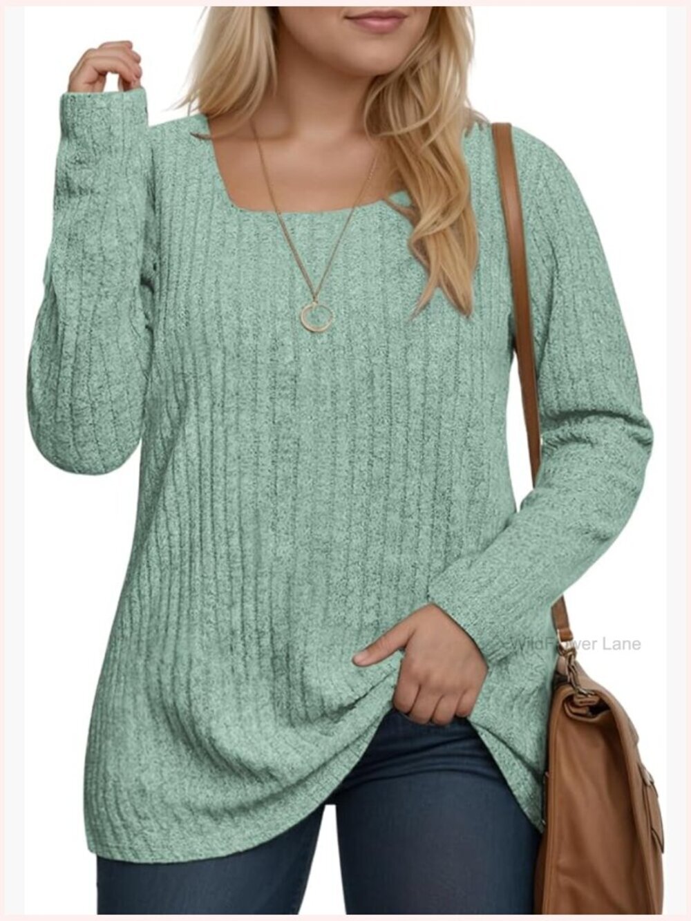 Plus Size Square Neck Long Sleeve Sweater Top